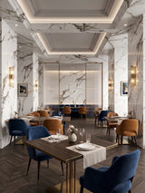 Elegant restaurant interior with columns and walls clad in 3D Beige Ibiza marble-look PVC sheets