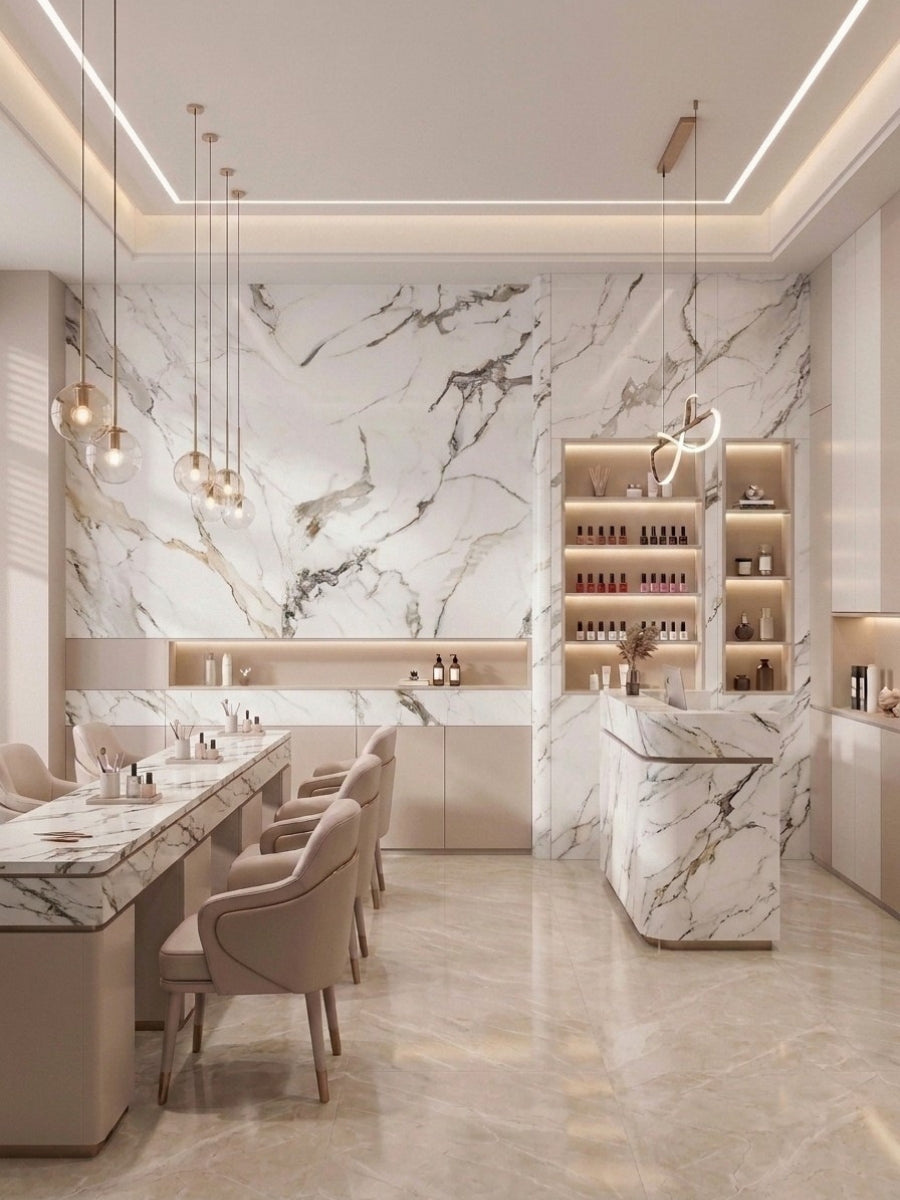 Contemporary salon with 3D Beige Ibiza PVC marble sheets on the feature wall and counter