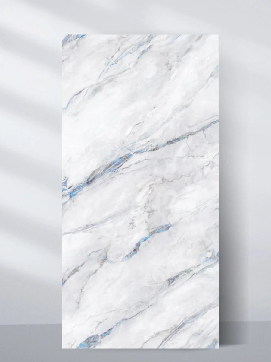Full 4x8 ft 3D Bluewave PVC marble sheet with a white surface and flowing blue-gray veining