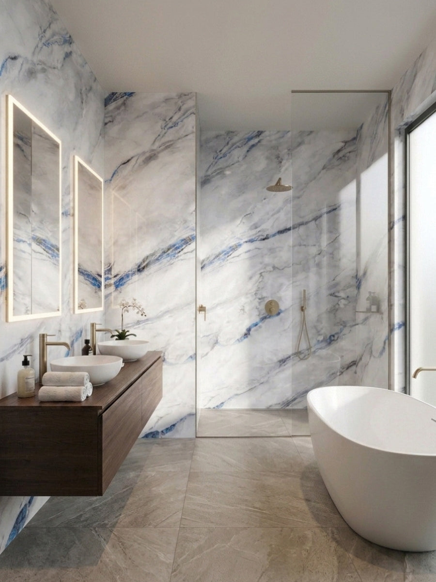 Waterproof 3D Bluewave PVC marble sheets installed across bathroom and shower walls