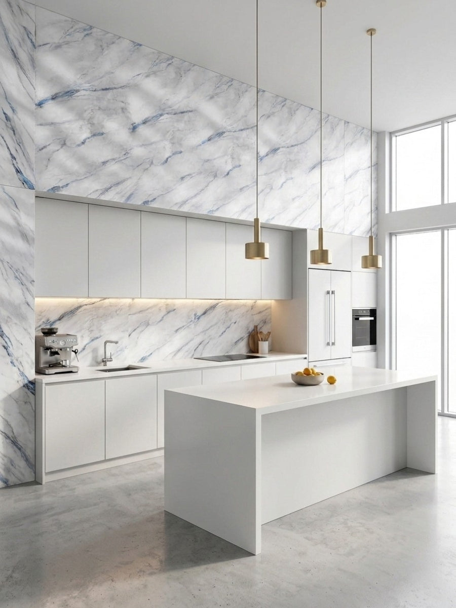White kitchen with 3D Bluewave PVC marble sheets used on the backsplash and upper walls