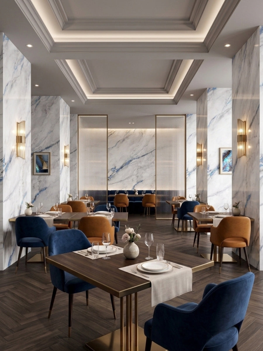 Restaurant interior featuring 3D Bluewave PVC marble sheets on walls and columns