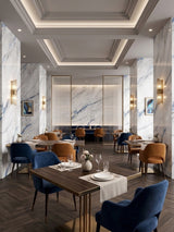 Restaurant interior featuring 3D Bluewave PVC marble sheets on walls and columns