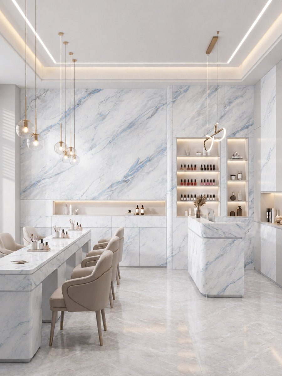Bright commercial interior with 3D Bluewave PVC marble sheets covering walls, counters, and tables