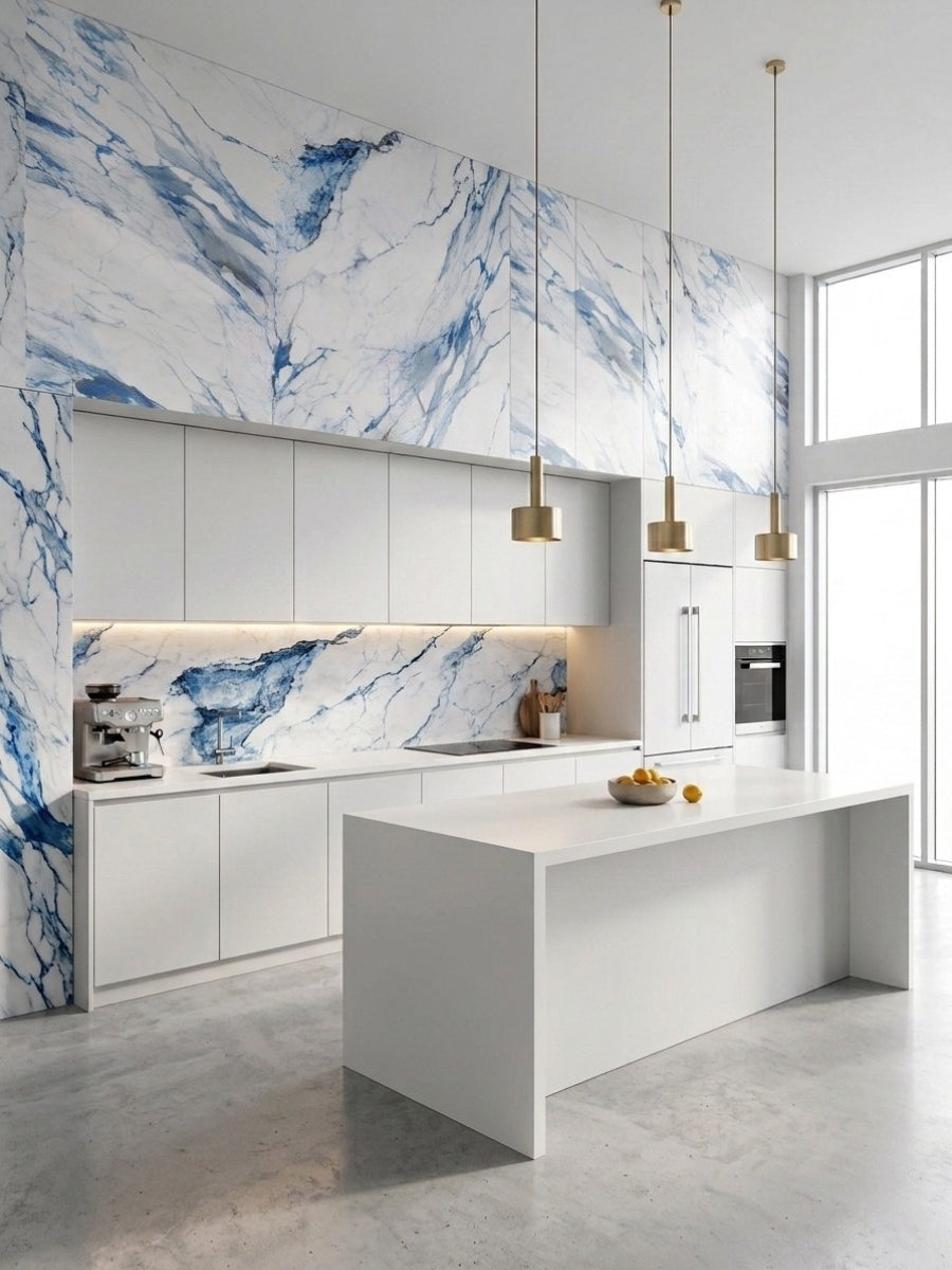 Bright modern kitchen with Calacatta Azur PVC wall panels and a matching blue-veined backsplash