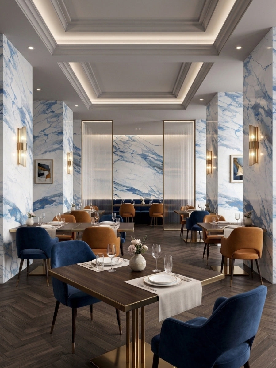 Restaurant dining room accented with white and blue Calacatta Azur marble-look PVC wall panels