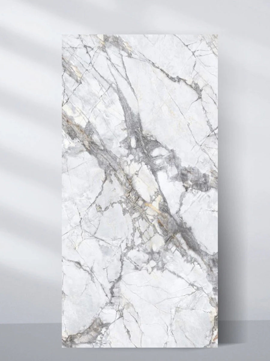 4x8 ft white PVC marble sheet with deep gray and subtle gold veining