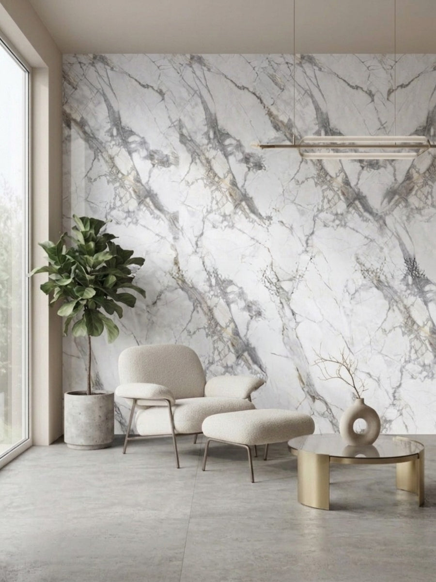 White deep-vein PVC marble sheets installed as an accent wall in a modern sitting area