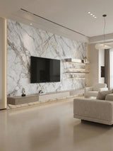 Gray-veined white PVC marble sheet wall surrounding a mounted TV in a modern living room