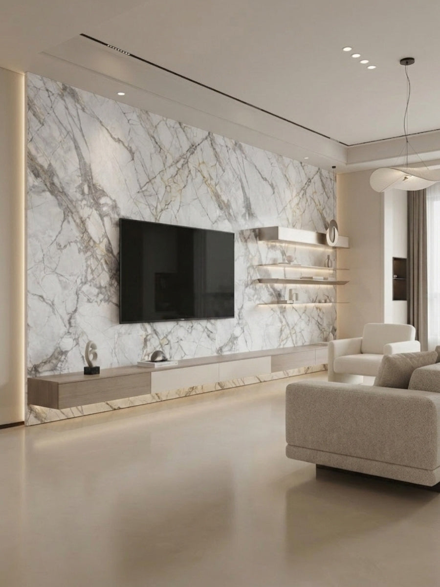 Gray-veined white PVC marble sheet wall surrounding a mounted TV in a modern living room