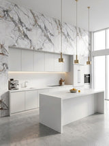 White PVC marble sheets with dramatic gray veining used as floor-to-ceiling kitchen wall cladding