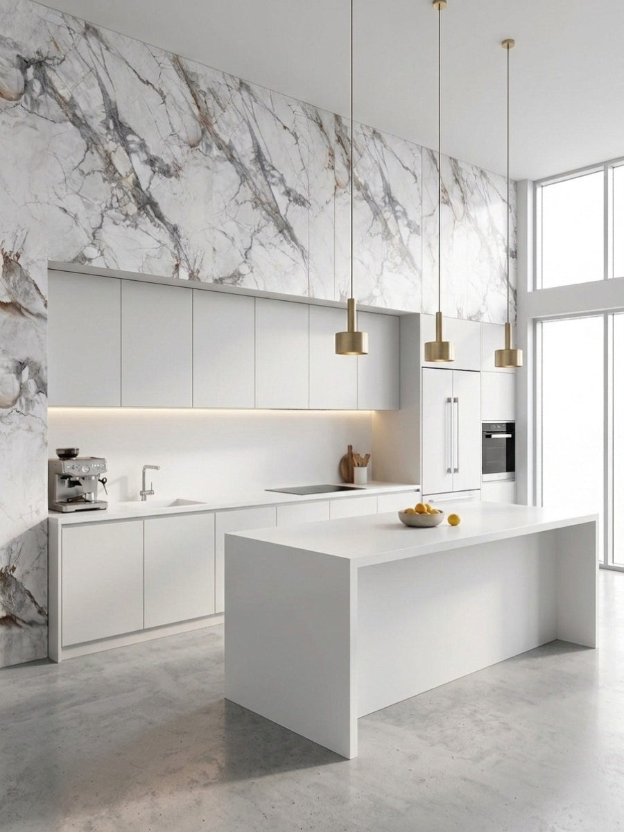 White PVC marble sheets with dramatic gray veining used as floor-to-ceiling kitchen wall cladding