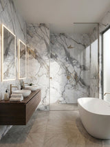 Waterproof white PVC marble sheets with deep gray veining installed across bathroom and shower walls