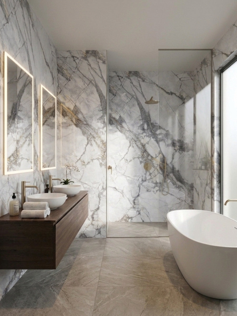 Waterproof white PVC marble sheets with deep gray veining installed across bathroom and shower walls