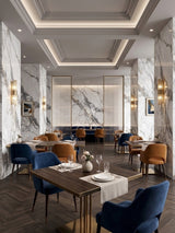 White and gray deep-vein PVC marble sheets used as wall panels in an elegant restaurant interior