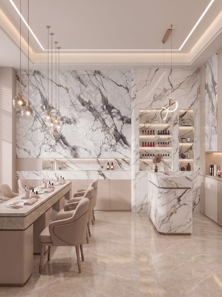 White PVC marble sheets with bold gray veining installed on dining room walls and a central counter
