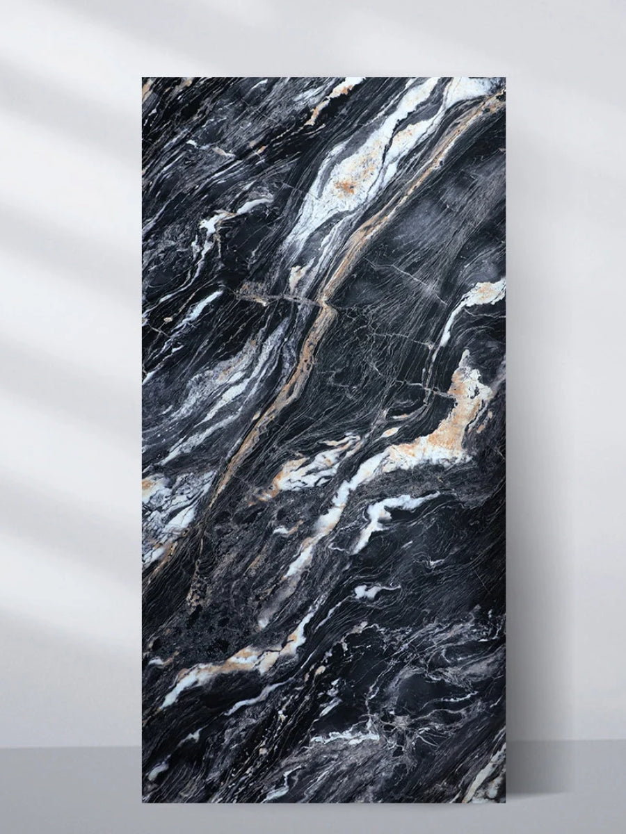 3D Doral Night marble PVC wall panel in a 4 x 8 ft sheet with sweeping black, white, gray and gold veining