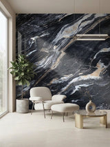 Doral Night marble-look PVC panel installed as a dramatic dark veined accent wall in a modern sitting area
