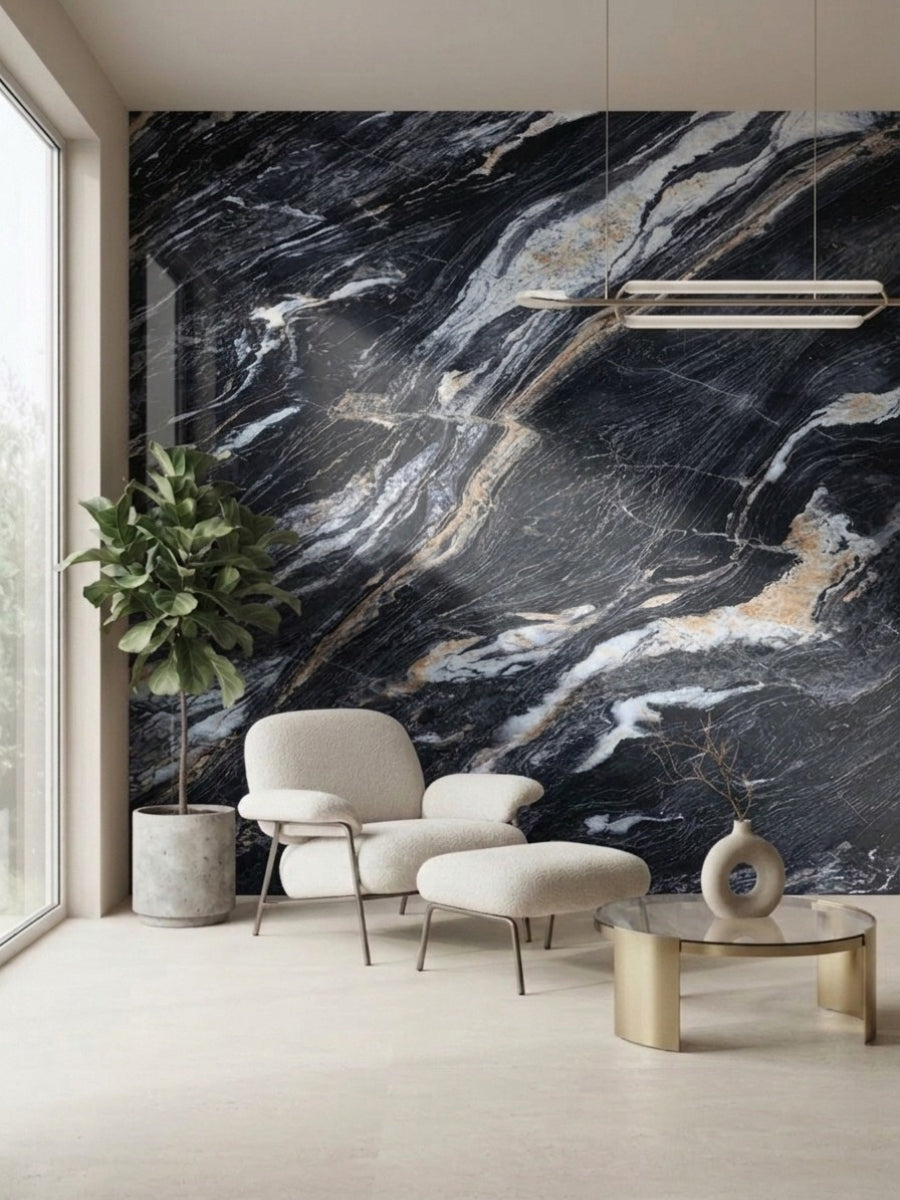 Doral Night marble-look PVC panel installed as a dramatic dark veined accent wall in a modern sitting area
