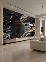 Doral Night black marble-look wall panels framing a TV and floating console in a contemporary living room