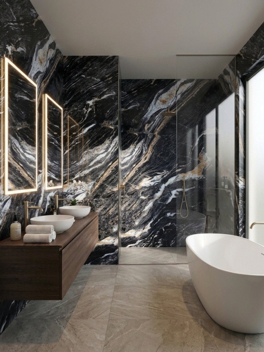 Doral Night marble PVC wall panels with bold white and gold veining surrounding a bathroom vanity and glass shower