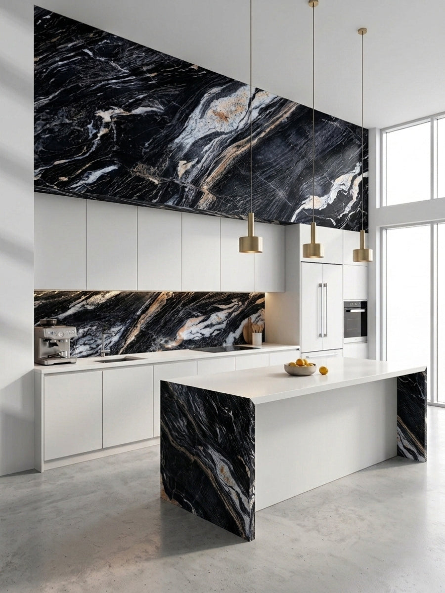 Doral Night marble-look panels applied to kitchen walls, backsplash and island sides with black, white and gold veining