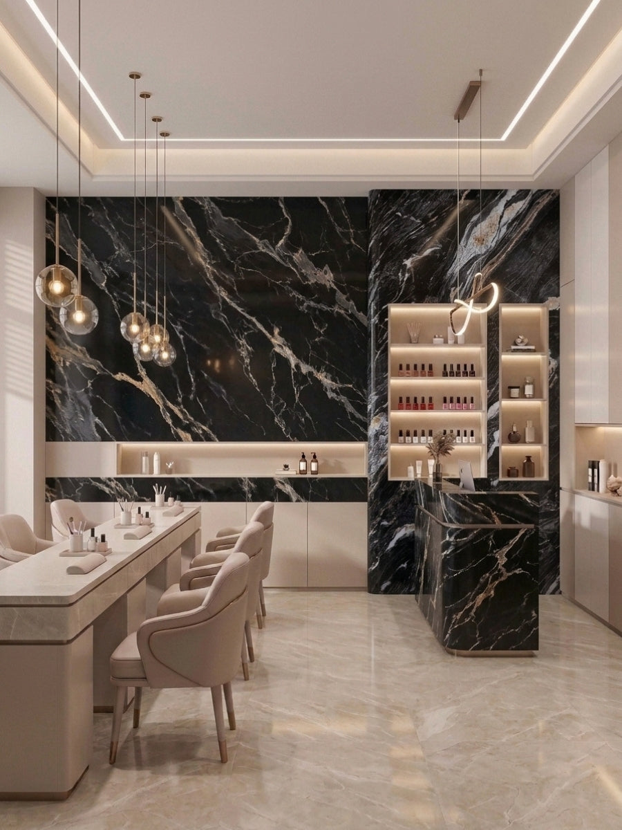 Doral Night dark marble-look wall panels covering an accent wall and display counter in a modern salon