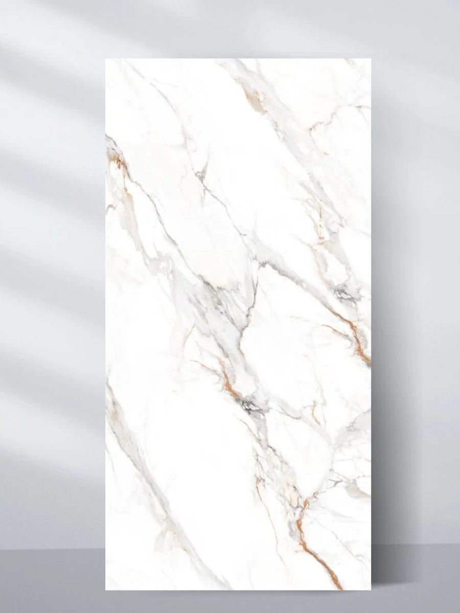Full 4 x 8 ft White Wave Azure PVC marble sheet with flowing gray, beige, and gold veining