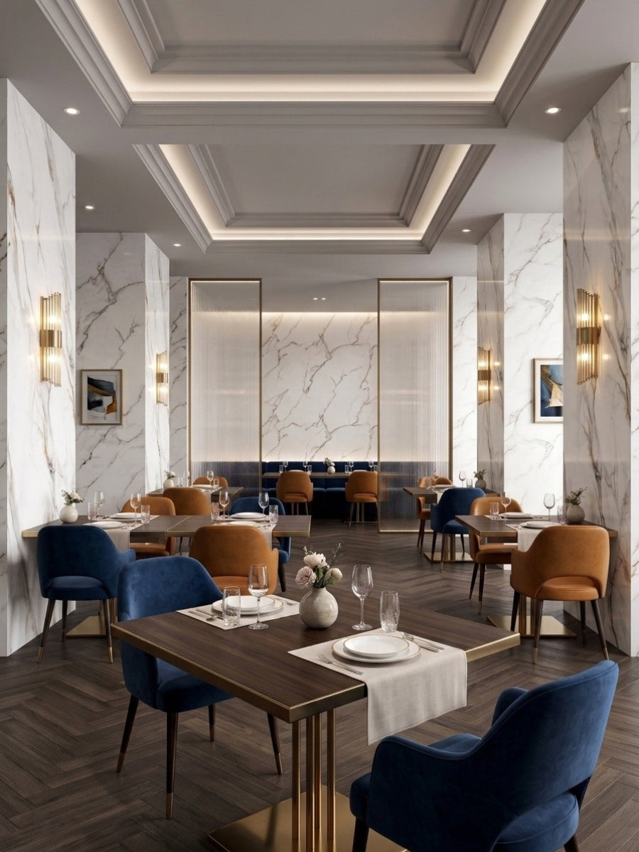 Restaurant interior with White Wave Azure PVC marble-look sheets covering walls and columns