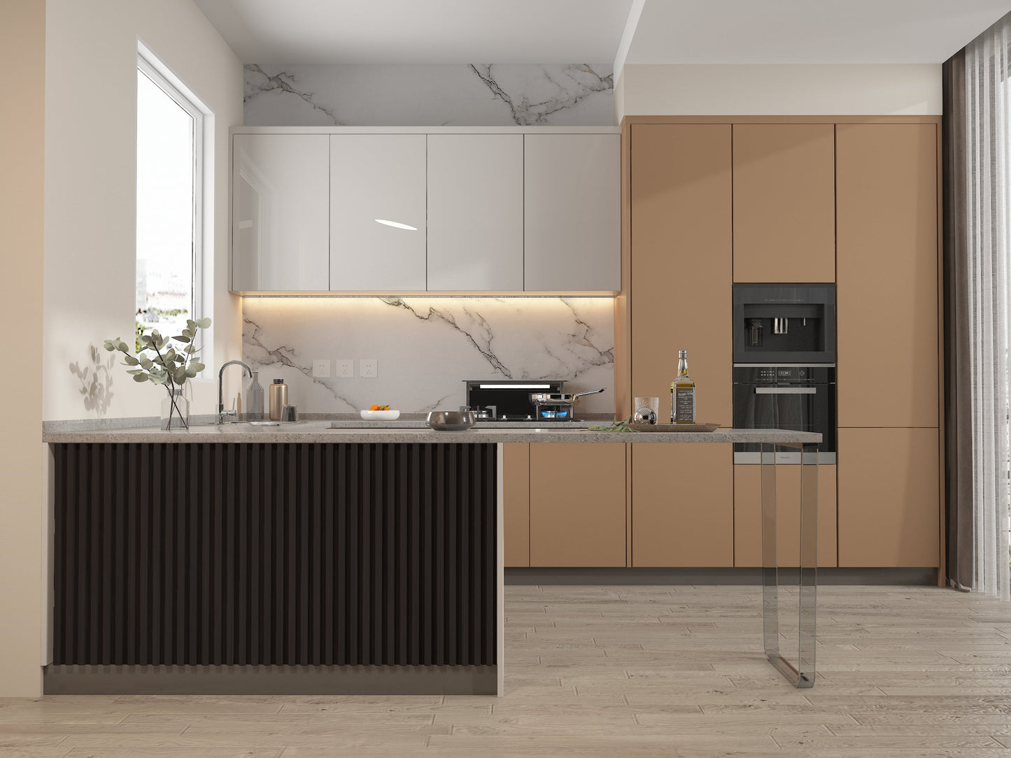 Walnut Ink WPC Fluted 3D Wall Panels. Wall Panel Market. Kitchen Design From WPC Fluted Wall Panels