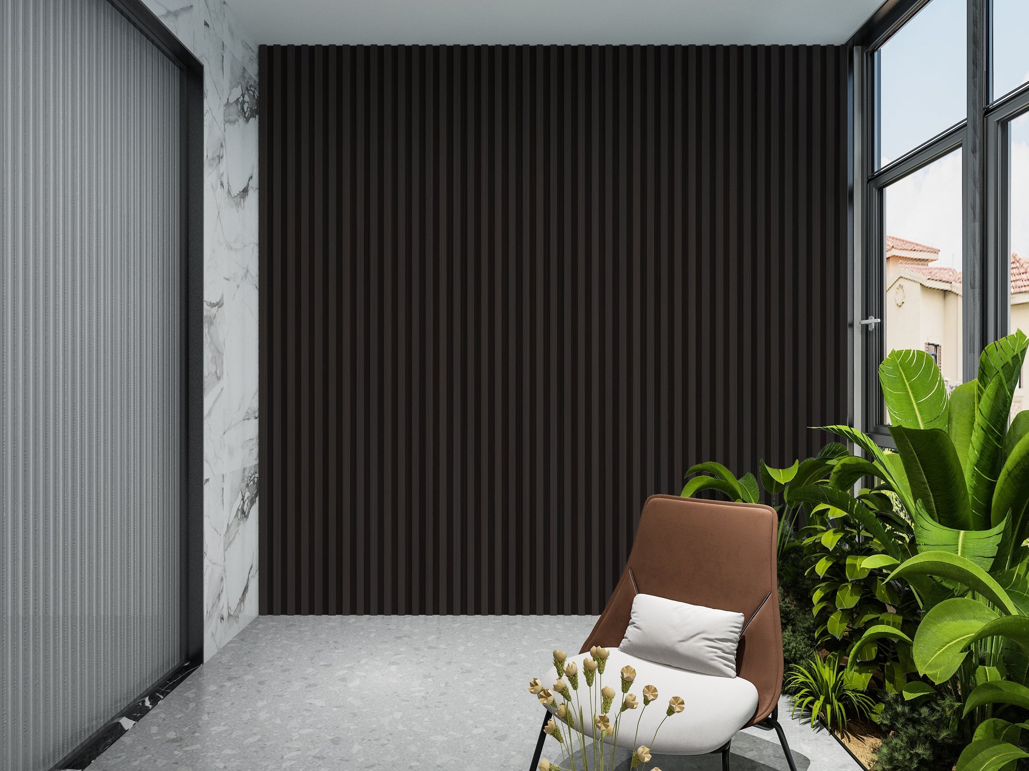 Walnut Ink WPC Fluted 3D Wall Panels. Wall Panel Market. Balcony Design With WPC Fluted Wall Panels