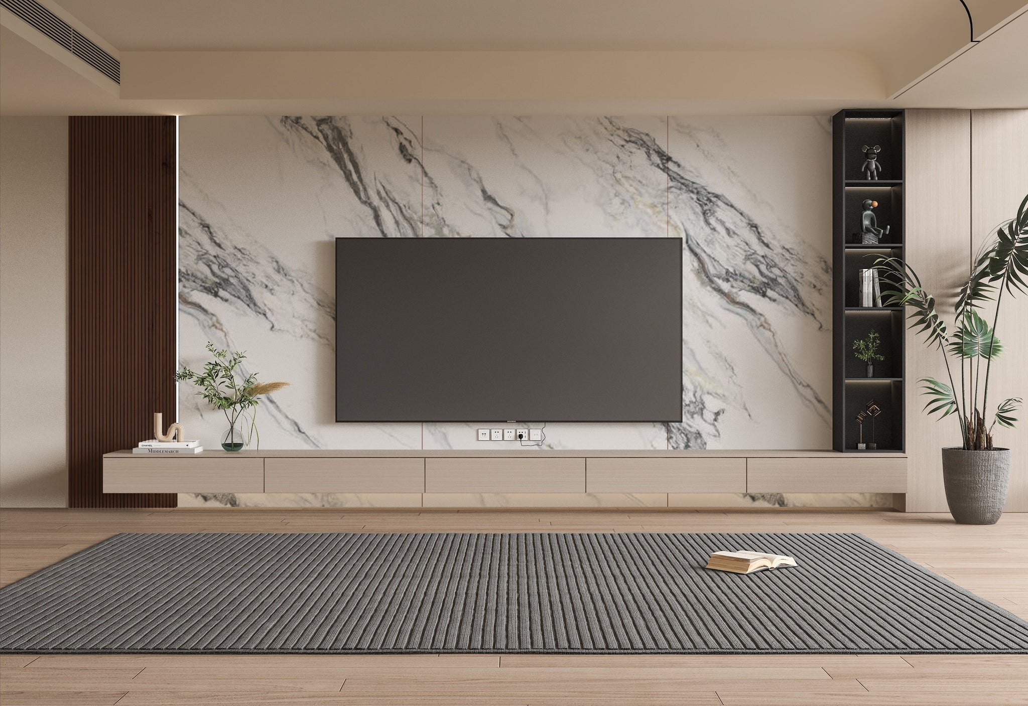 Modern living room TV wall with white marble wall panels and minimalist design