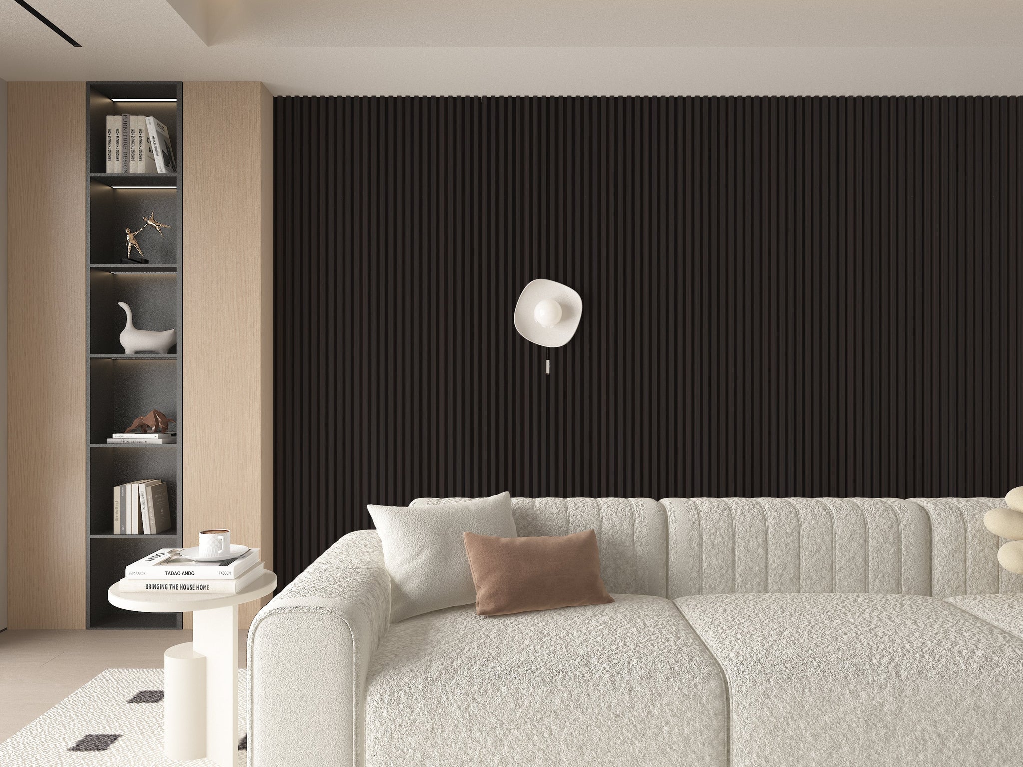 Walnut Ink WPC Fluted 3D Wall Panels. Wall Panel Market. Living Room Design With WPC Fluted Wall Panels