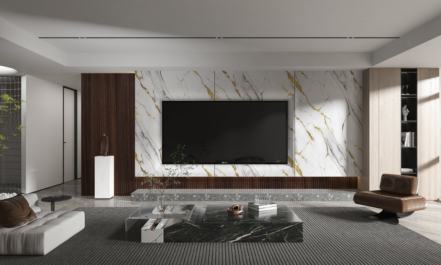 PVC 3D Marble Sheet Luxe Gold Vein. Wall Panel Market. Living Room  With PVC Marble Sheets Design