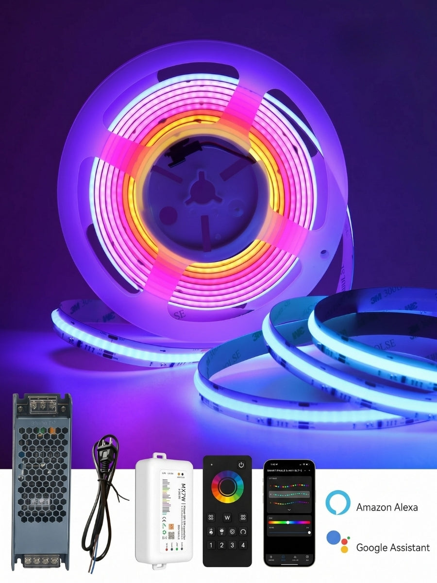RGB LED strip with power supply, controller, and smartphone app on a dark background