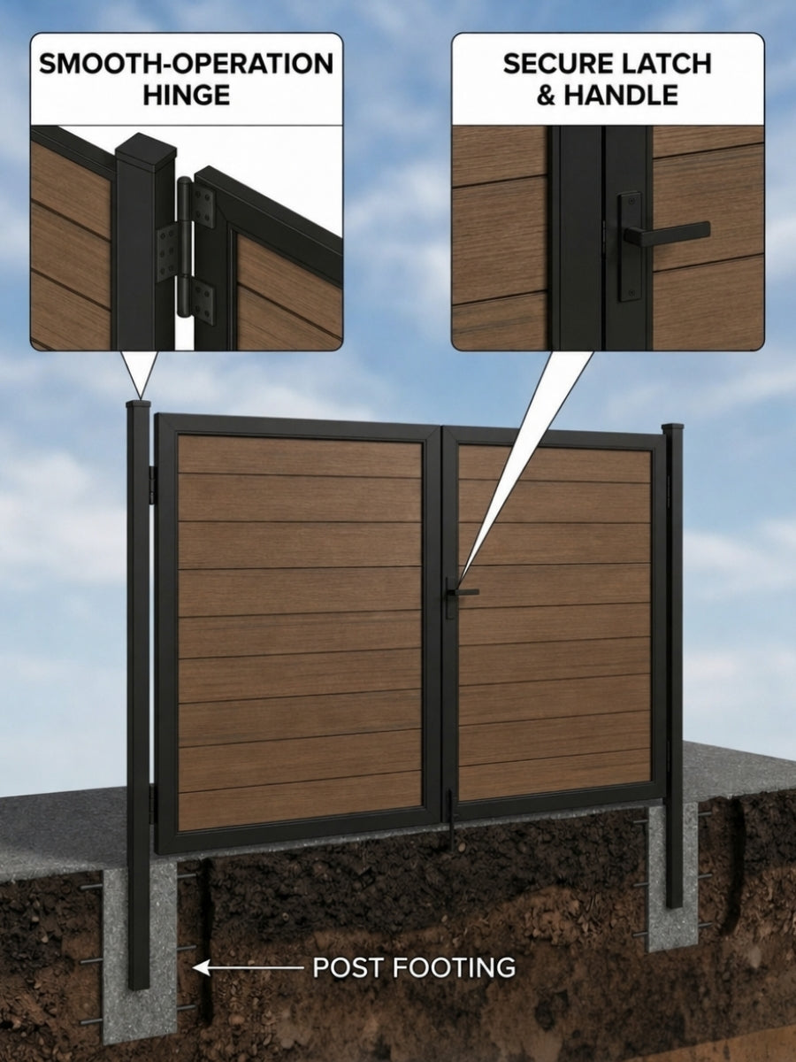 Double composite gate mounted on black in-ground posts with hinge, latch, handle and concrete footing details