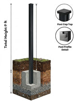 9-foot black in-ground gate post set in a concrete footing with cap and profile details