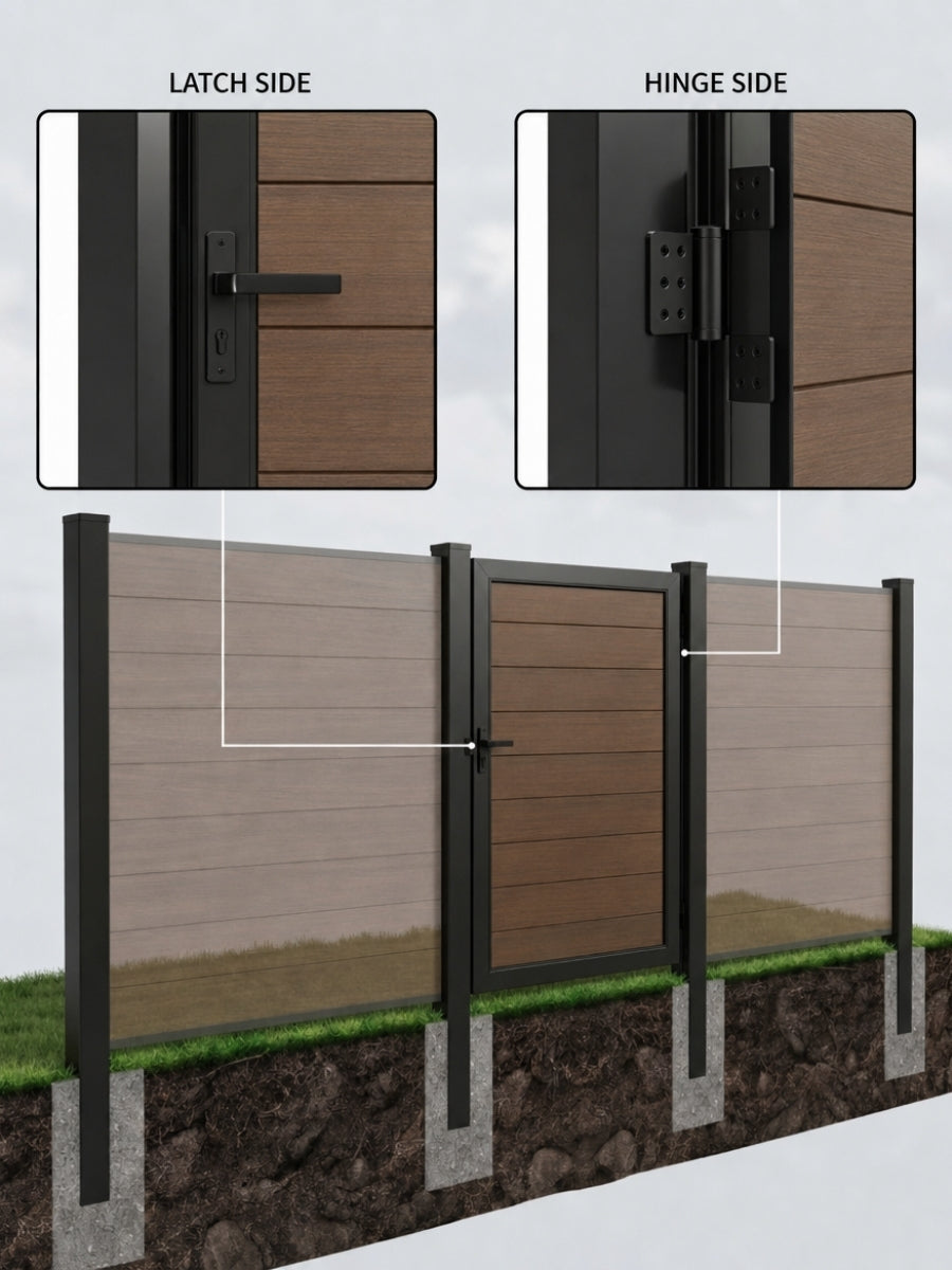 Installed black gate posts supporting a composite gate and fence with latch and hinge close-ups