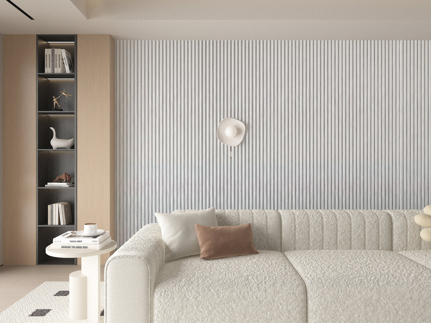 White Brushed WPC Fluted 3D Wall Panels. Wall Panel Market. Living Room Design With WPC Fluted Wall Panels