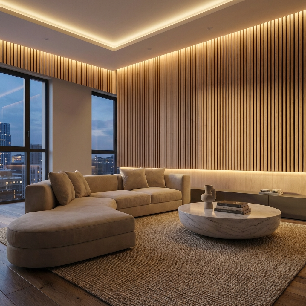 Living room with royal oak acoustic slat wall panel feature wall and LED lighting