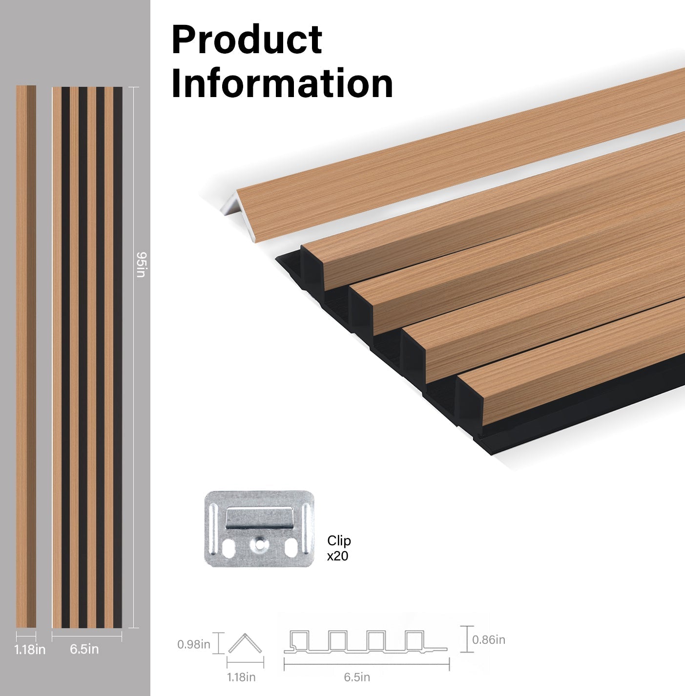 Oak gray WPC fluted 3D wall panel with product dimensions, hollow core profile, and mounting clips show