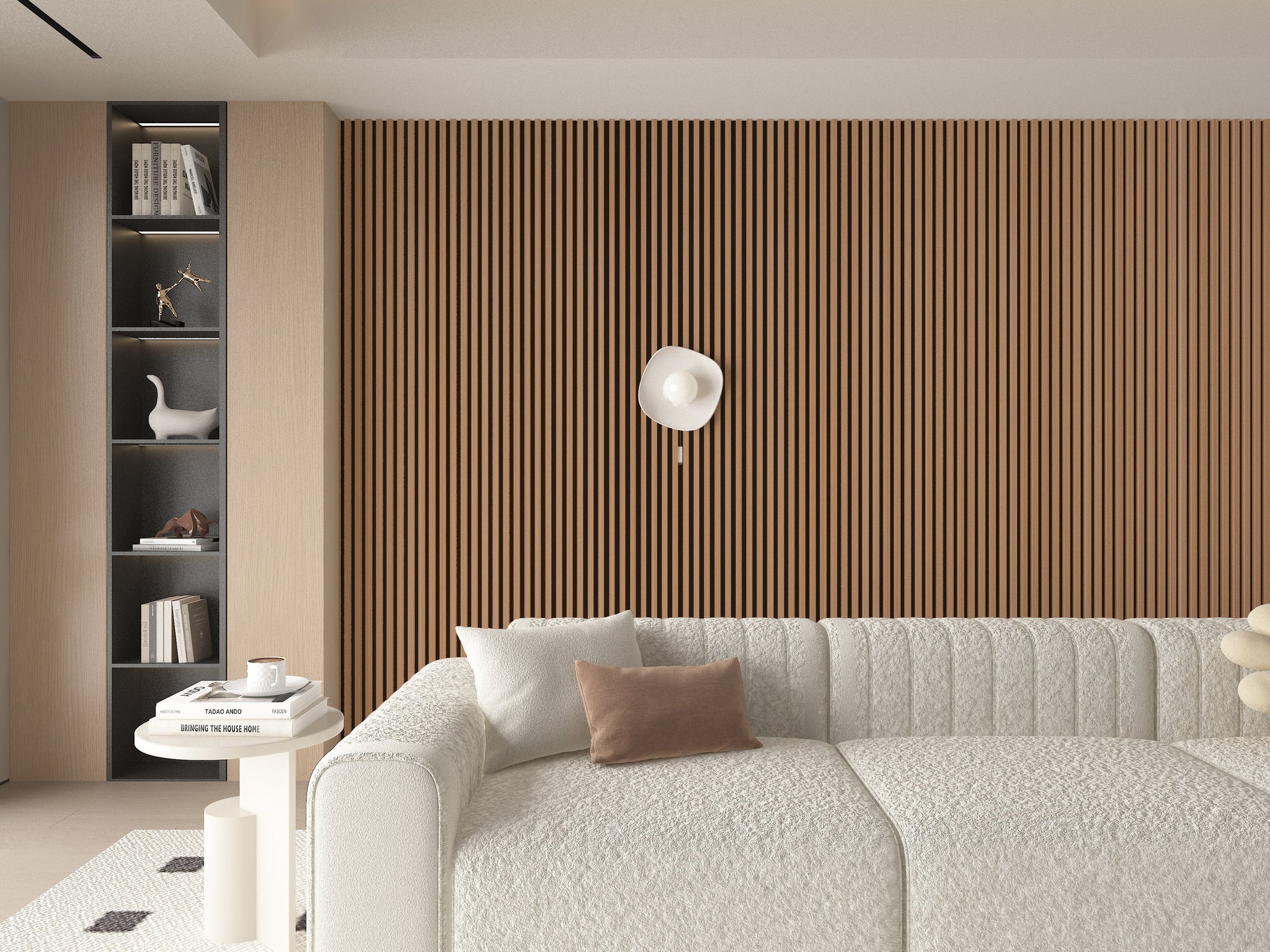 Oak gray WPC fluted wall panel accent wall behind sofa in modern living room