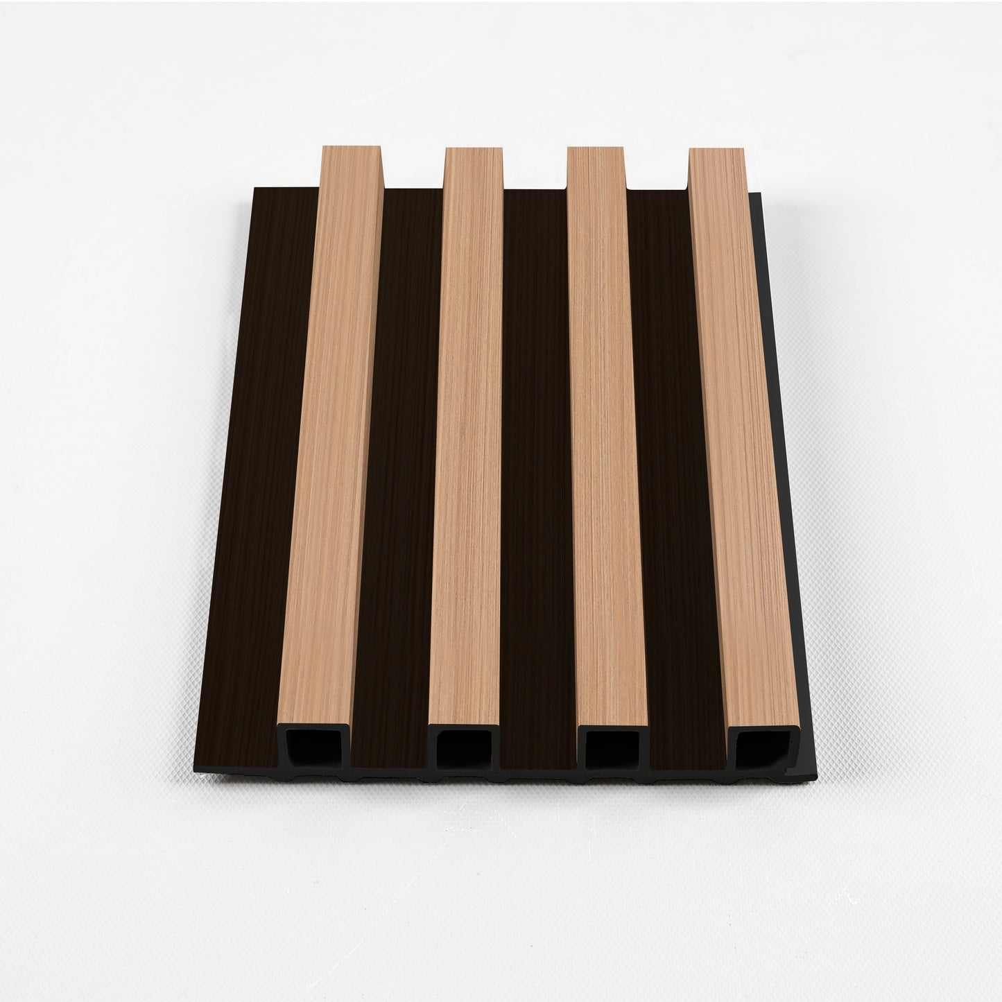 Oak gray WPC fluted 3D wall panel showing wood-grain finish, vertical slat design, and hollow core profile