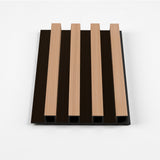 Oak gray WPC fluted 3D wall panel showing wood-grain finish, vertical slat design, and hollow core profile