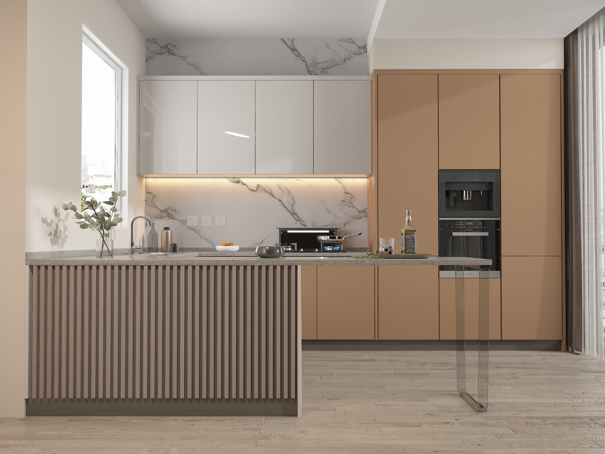 Cedar Oak WPC Fluted 3D Wall Panels. Wall Panel Market. Kitchen Design From WPC Fluted Wall Panels