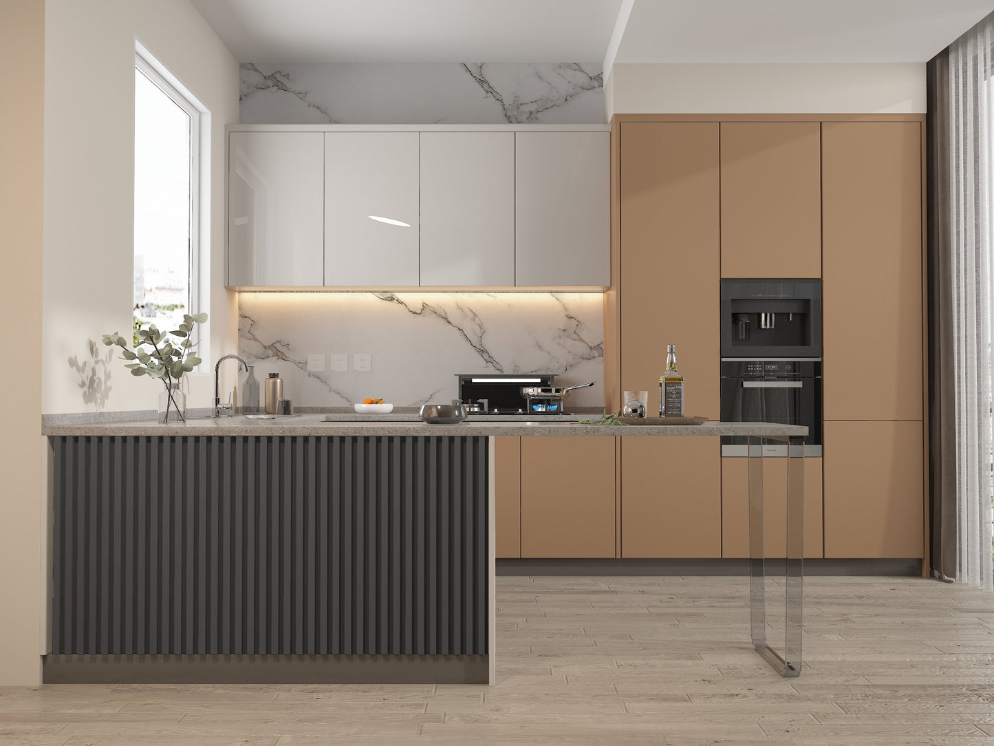 Silver Gray Metallic WPC Fluted 3D Wall Panels. Wall Panel Market. Kitchen Design From WPC Fluted Wall Panels