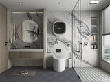 Luxury bathroom with white marble wall panels, glass shower, and modern vanity