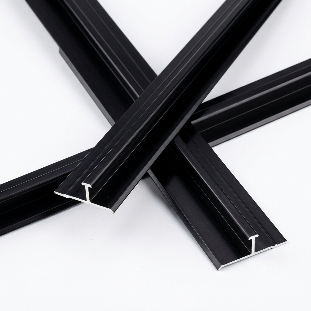 Overlapping black aluminum alloy H trim lengths with visible channel profiles
