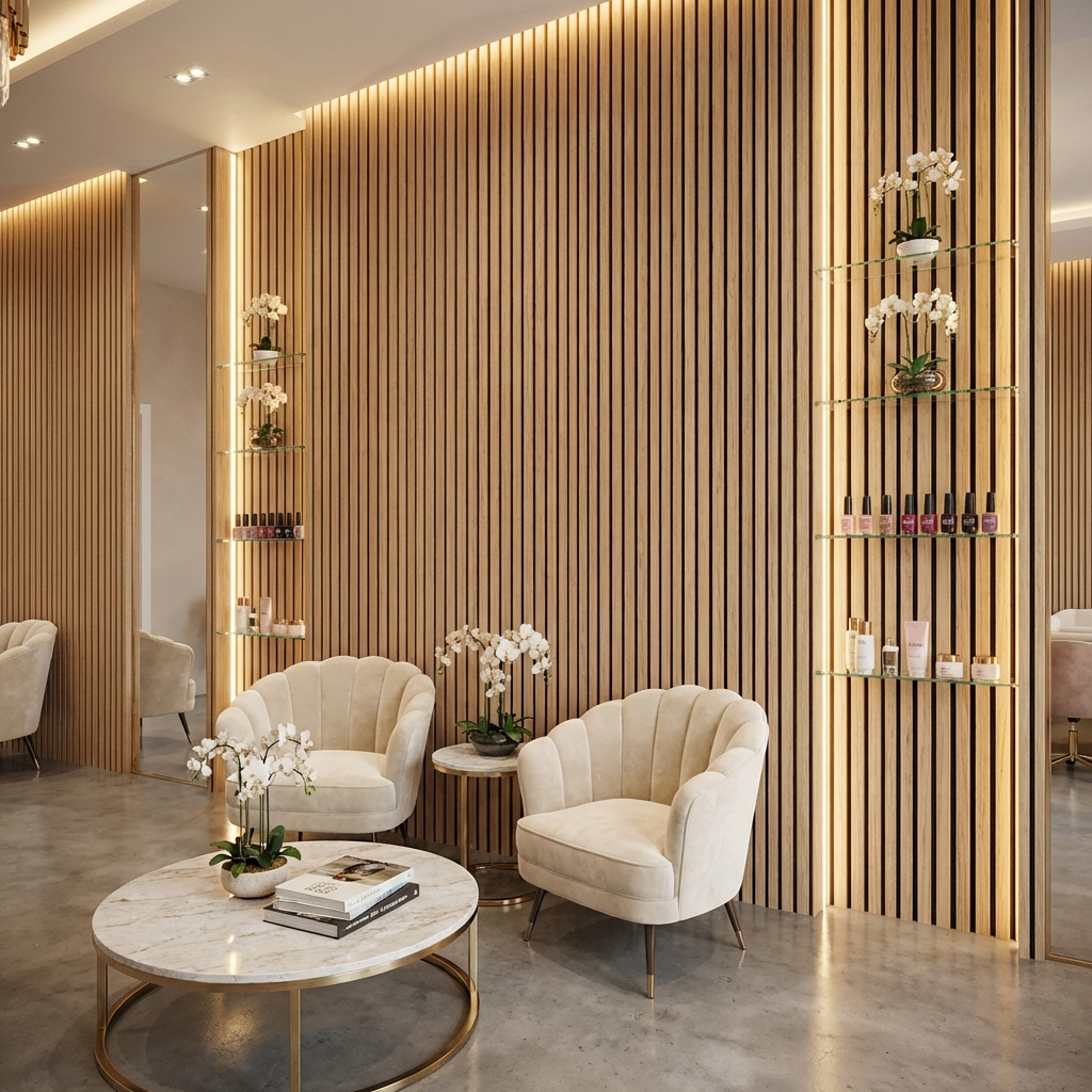 Luxury salon interior with royal oak acoustic slat wall panel feature wall and LED lighting