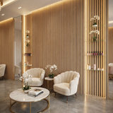 Luxury salon interior with royal oak acoustic slat wall panel feature wall and LED lighting